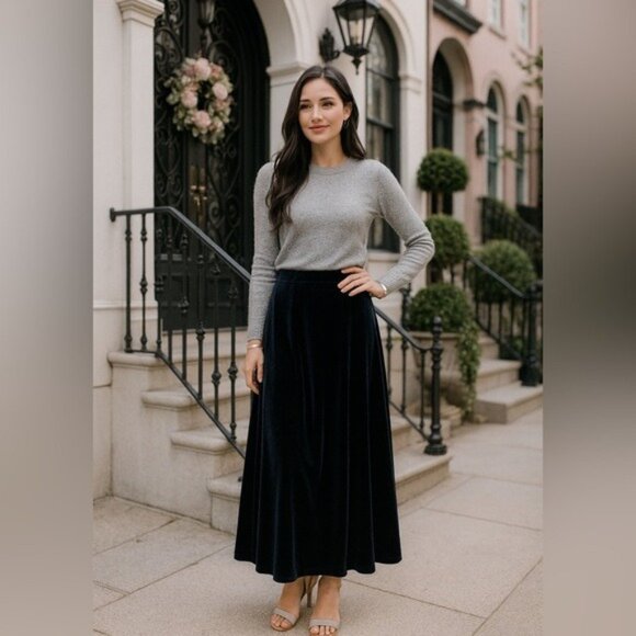 Talbots Black Velvet A-Line Maxi Skirt Size 6 Elegant Holiday Winter - Picture 1 of 10